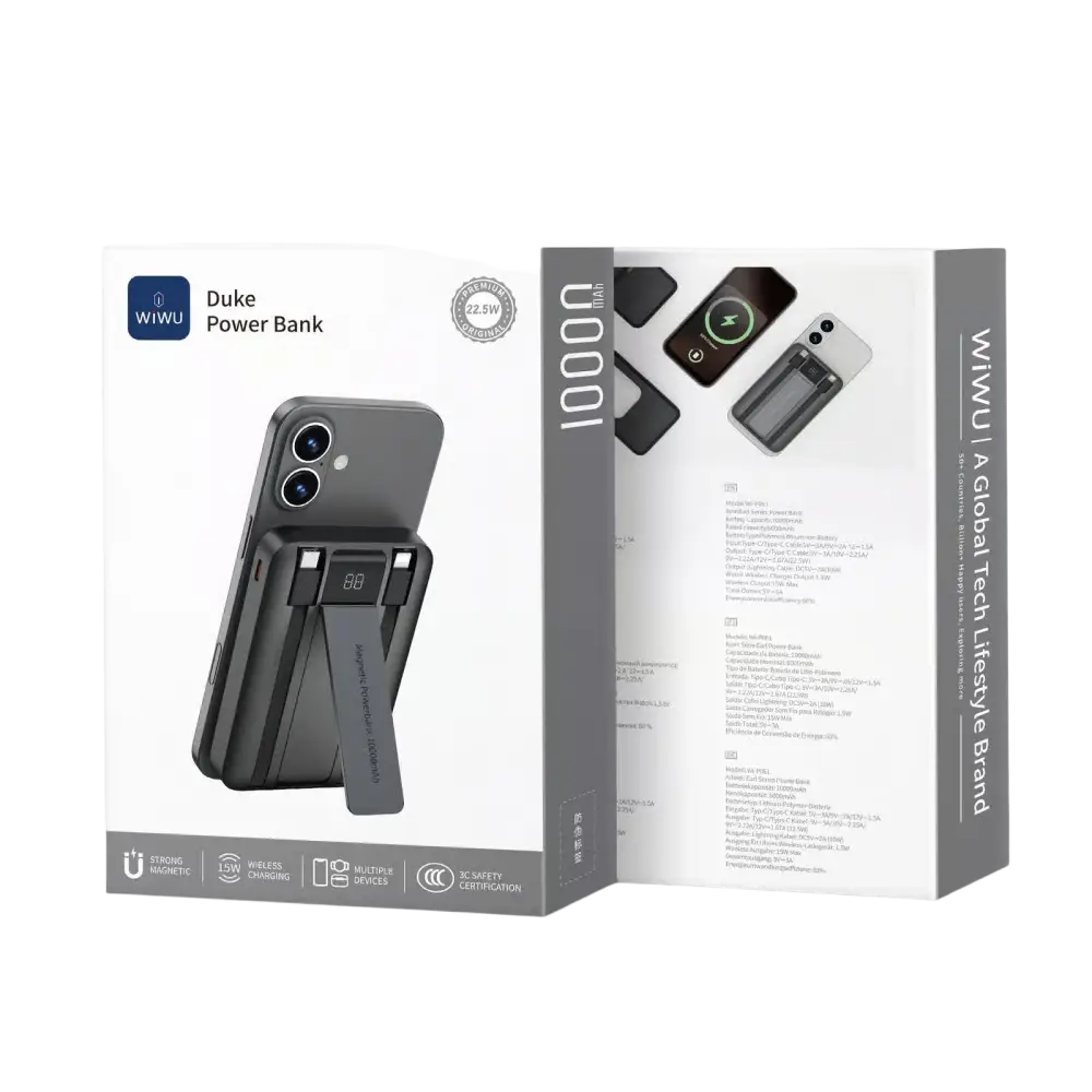 WiWU Powerbank 10.000 mAh met 2-in-1 Kabel en Kickstand – Zwart