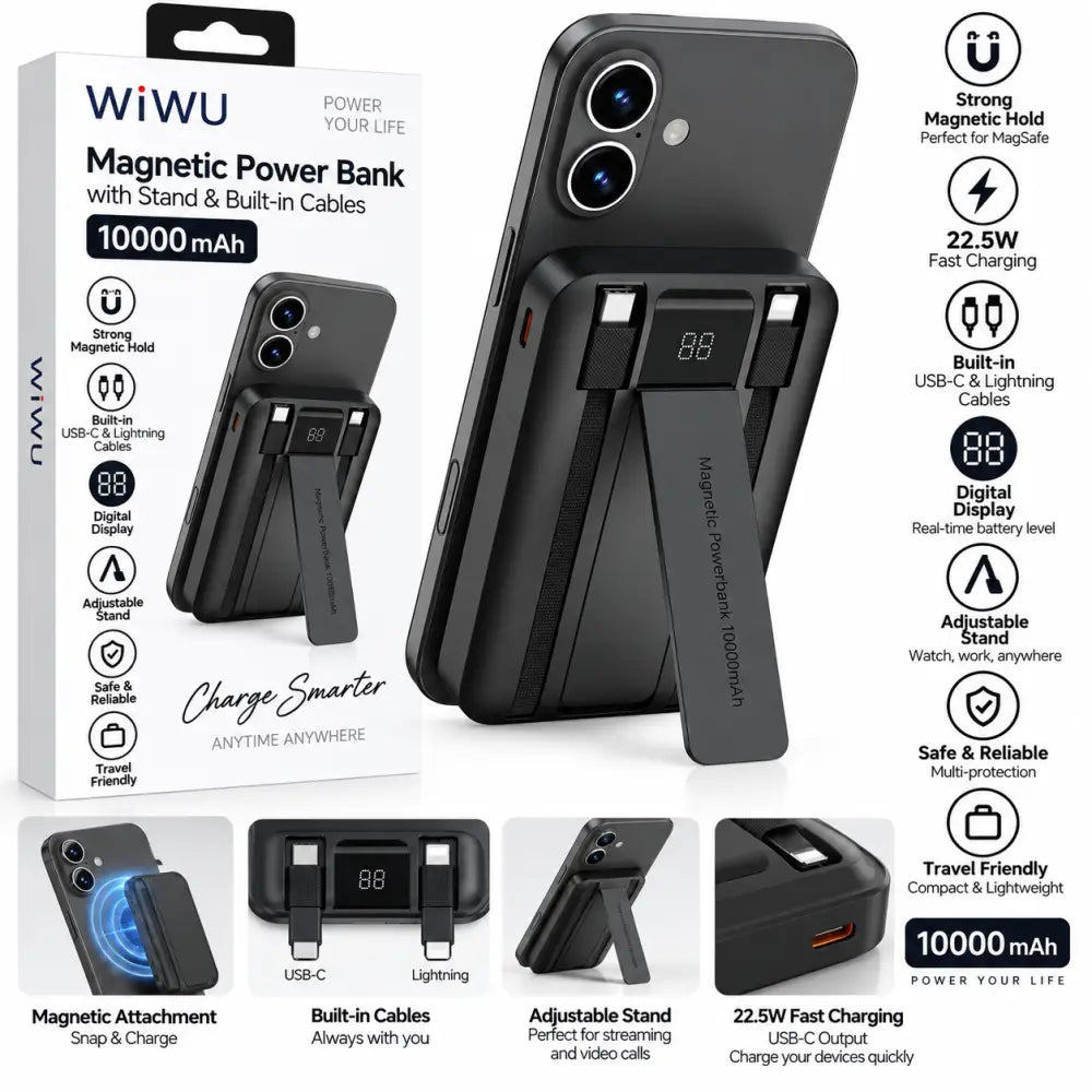 WiWU Powerbank 10.000 mAh met 2-in-1 Kabel en Kickstand – Zwart