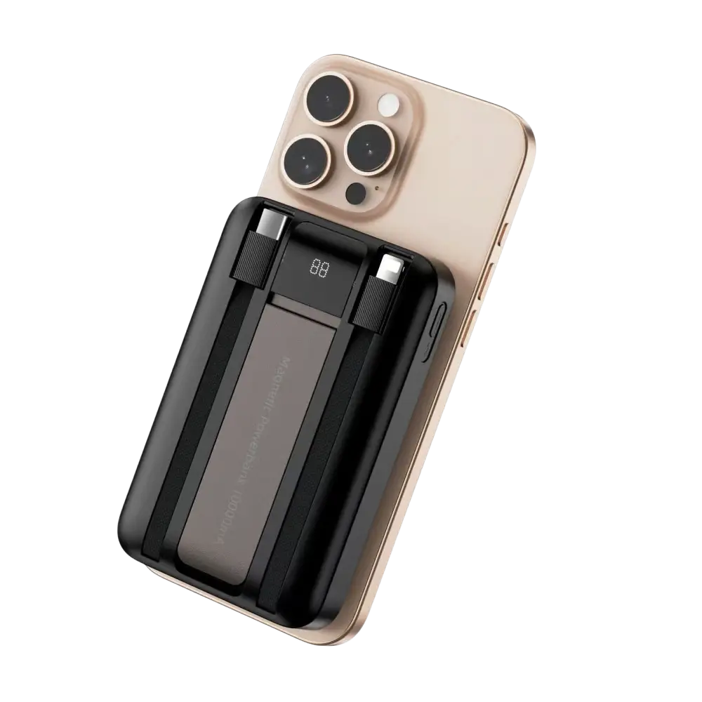 WiWU Powerbank 10.000 mAh met 2-in-1 Kabel en Kickstand – Zwart