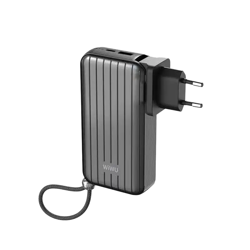 WiWU Powerbank 10.000 mAh 3-in-1 met wereldstekker, ideaal voor onderweg en op reis.