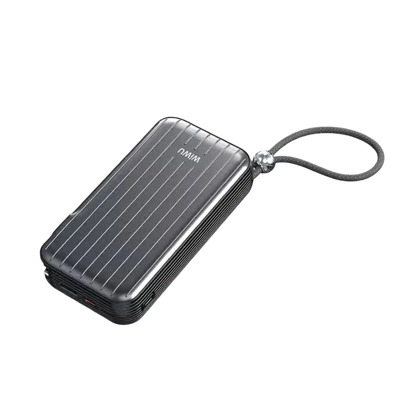 WiWU 3-in-1 powerbank met wereldstekker, 10.000 mAh, compact zwart ontwerp met ingebouwde kabels.