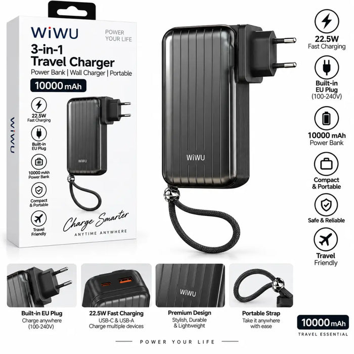 WiWU Powerbank 10.000 mAh 3-in-1 met Wereldstekker – Zwart
