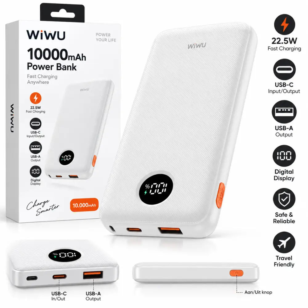 WiWU Powerbank 10.000 mAh met Digitaal Display – Wit
