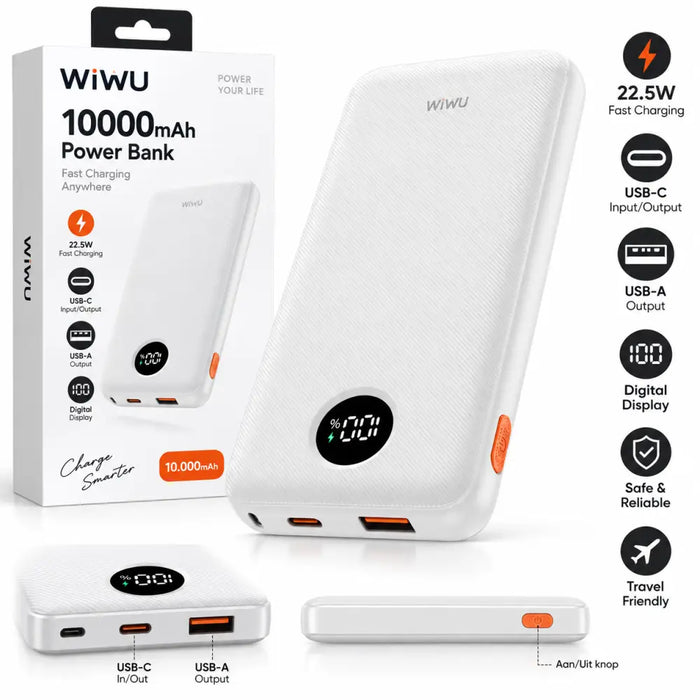 WiWU Powerbank 10.000 mAh met Digitaal Display – Wit