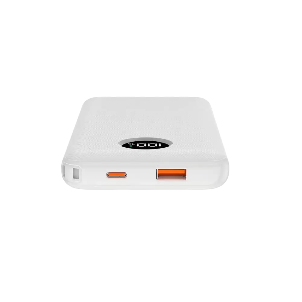 WiWU powerbank 10.000 mAh wit met USB-C en USB-A aansluitingen en digitaal display voor laadstatus.