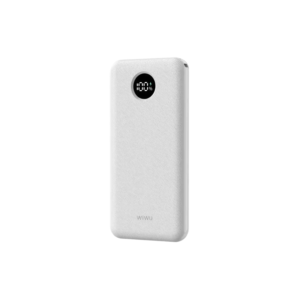 WiWU powerbank 10.000 mAh wit met digitaal display voor het batterijpercentage.