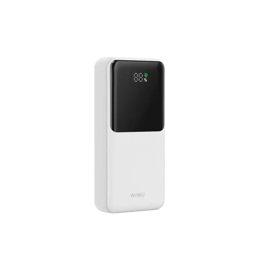 WiWU Powerbank 20000 mAh met ingebouwde kabels en digitaal display in het wit.