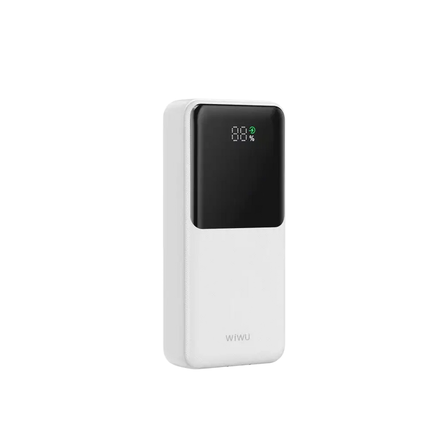 WiWU Powerbank 20000 mAh met ingebouwde kabels en digitaal display in het wit.