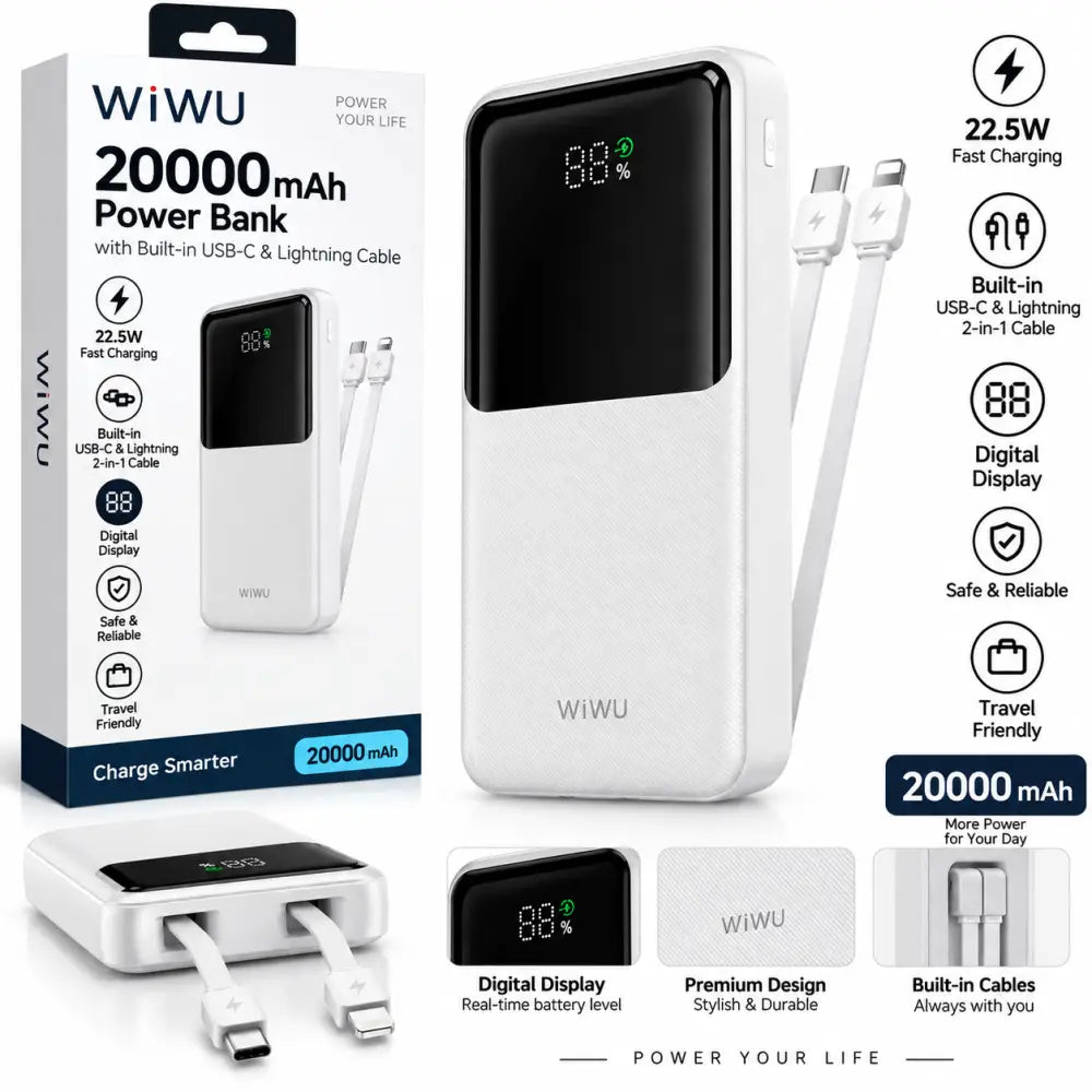 WiWU Powerbank 20.000 mAh met 2-in-1 Kabel en Digitaal Display – Wit