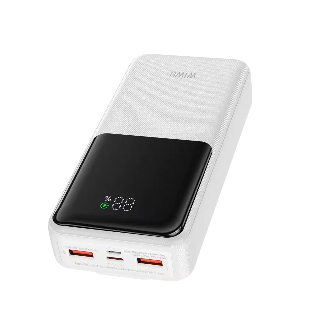 WiWU Powerbank 20.000 mAh met 2-in-1 Kabel en Digitaal Display – Wit