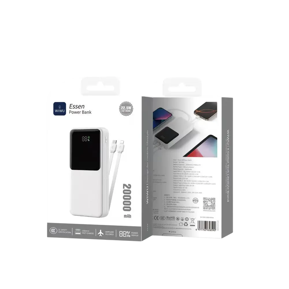 WiWU Powerbank 20.000 mAh met 2-in-1 Kabel en Digitaal Display – Wit