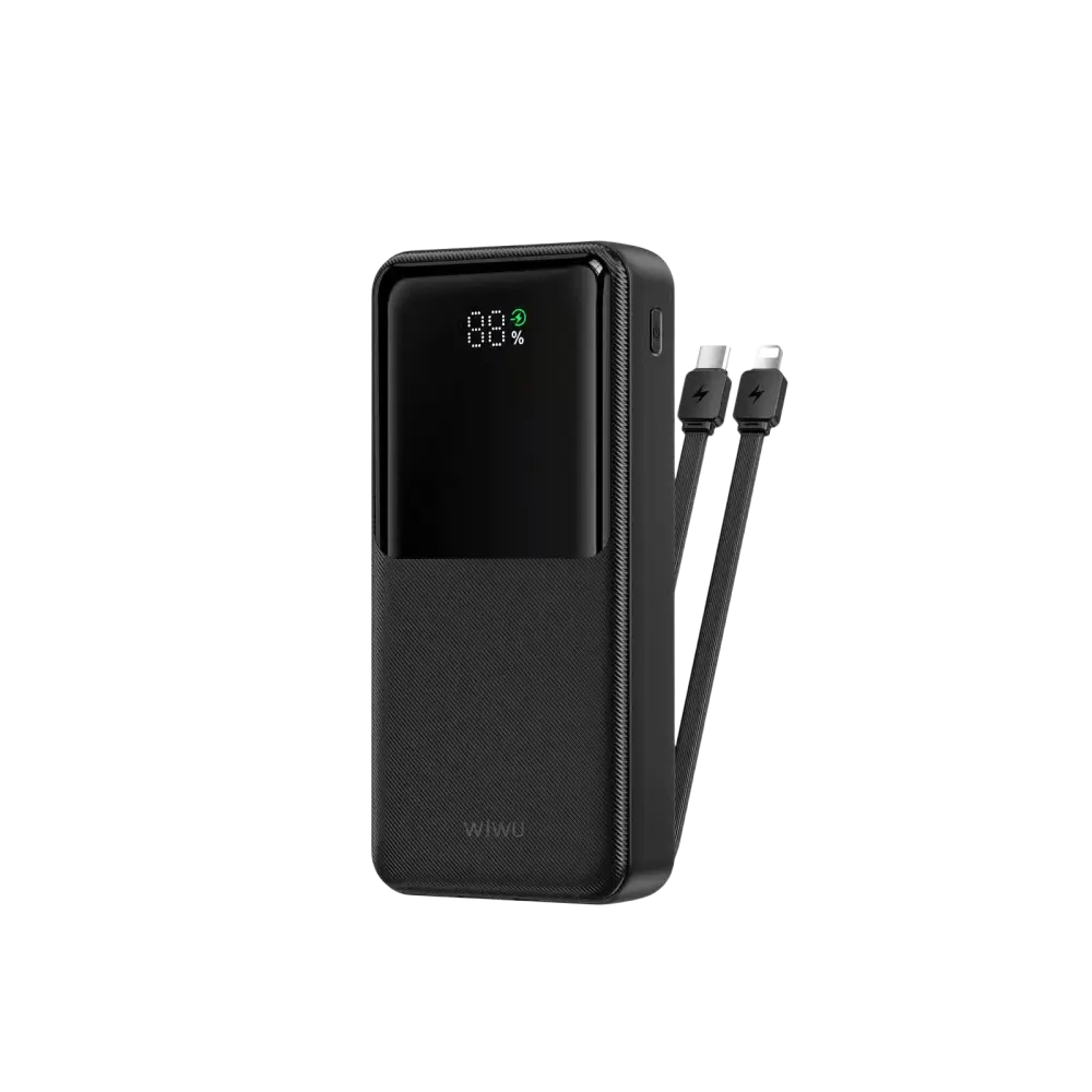 WiWU 20.000 mAh powerbank met 2-in-1 kabel en digitaal display in zwart