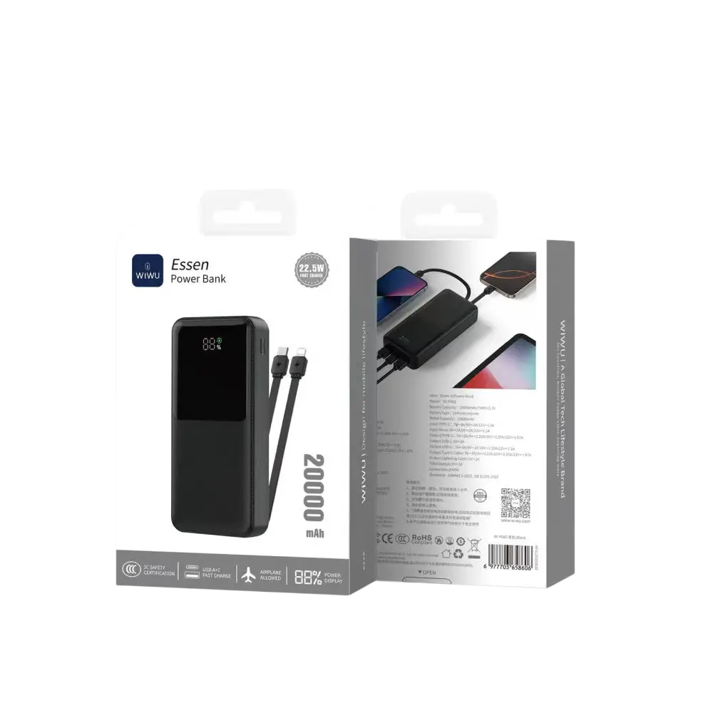 WiWU Powerbank 20.000 mAh met 2-in-1 Kabel en Digitaal Display – Zwart