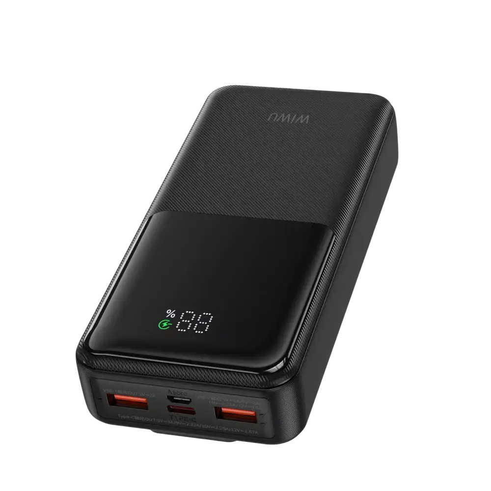 WiWU Powerbank 20.000 mAh met 2-in-1 Kabel en Digitaal Display – Zwart