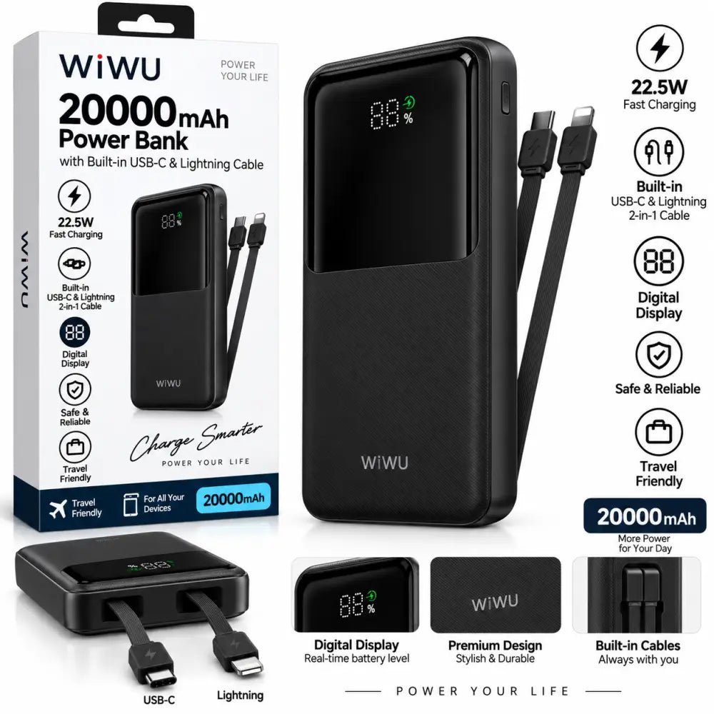 WiWU Powerbank 20.000 mAh met 2-in-1 Kabel en Digitaal Display – Zwart