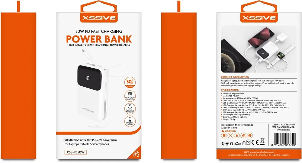 Xssive 30W Powerbank Schnellladen inkl. Kabel 20000mAh XSS-PB50W - Weiß