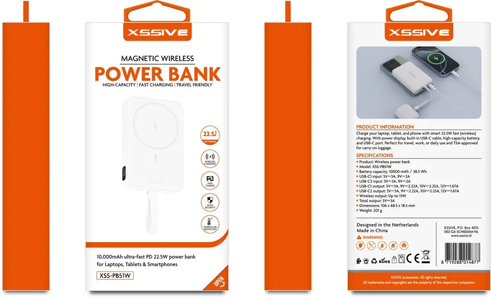 Xssive Magnetische kabellose Powerbank inkl. Kabel 10.000 mAh XS-PB51W - Weiß
