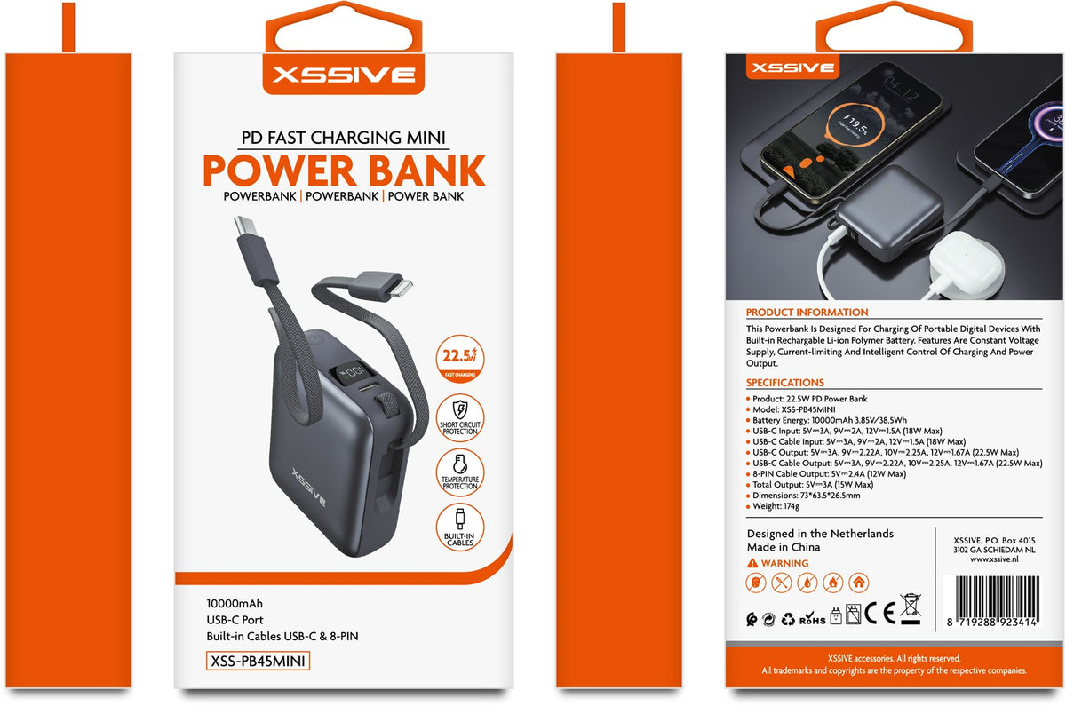 Xssive Mini Powerbank Fast Charge inkl. Kabel 10000mAh XSS-PB45 Mini - Schwarz