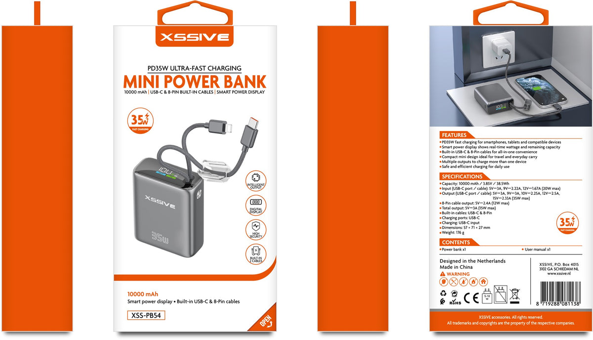 Xssive Mini-Powerbank Ultra Fast Charge PD 35 W mit Kabel 10000 mAh XSS-PB54