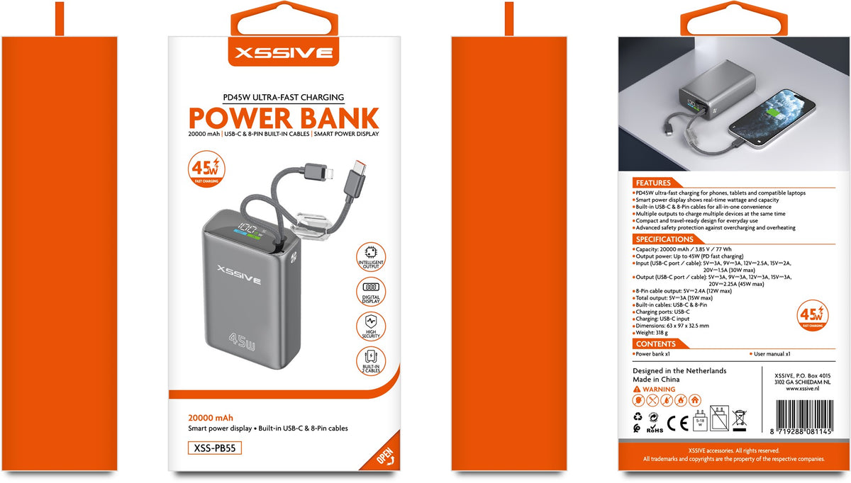 Xssive Powerbank Ultra Fast Charge PD45W mit Kabel 20000mAh XSS-PB55